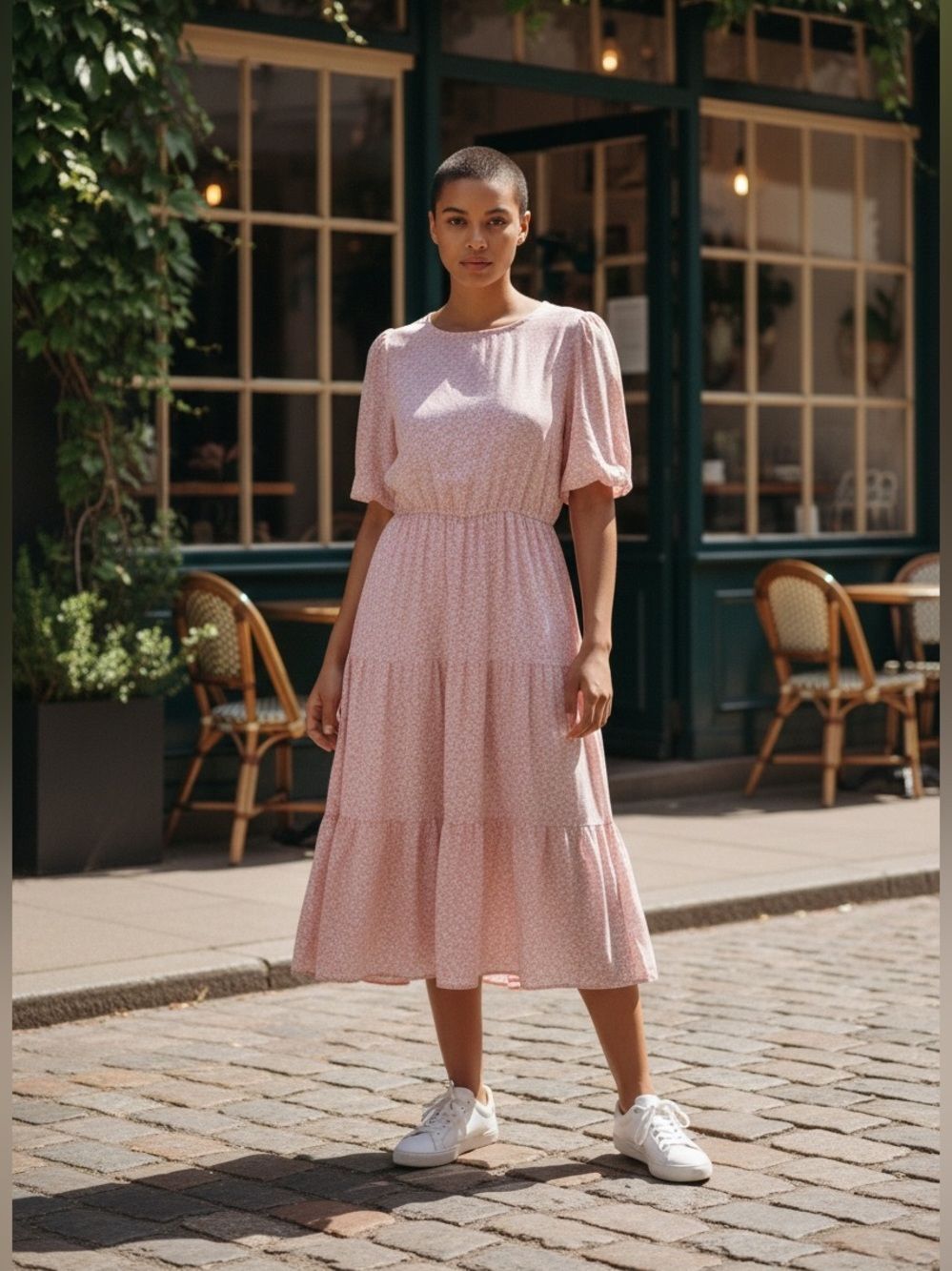 Vertiche Pink White Floral Print Boho Chic Tiered  Short Sleeve Midi  Dress M